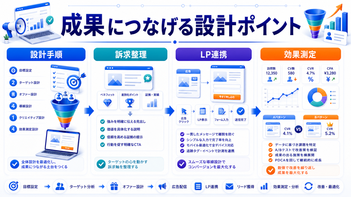 ダイレクトレスポンスマーケティングとは?成果に直結する設計とライバルマーケティング広告 成果につなげる設計ポイント Image 2.0図解