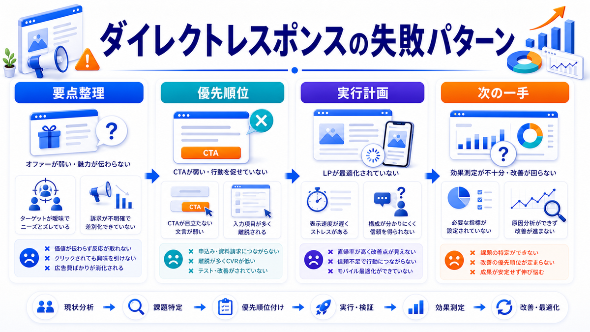ダイレクトレスポンスマーケティングとは?成果に直結する設計とライバルマーケティング広告 ダイレクトレスポンスマーケティングで失敗しやすいパターン Image 2.0図解