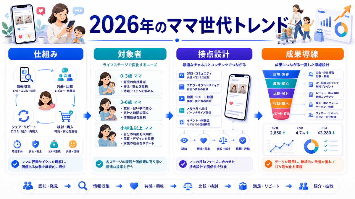 【2026年最新】子育てママ層へのアプローチ完全攻略｜デジタル行動の変化とSNS別ターゲティング戦略 2026年のママ世代の特徴とデジタル行動の変化 Image 2.0図解