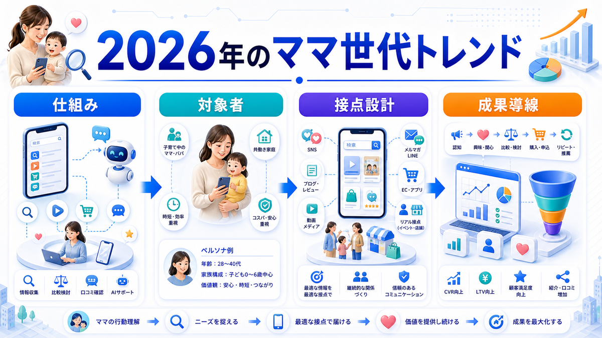 【2026年最新】ママ世代の心をつかむAIマーケティング完全ガイド|ChatGPT・Claude活用・TikTok/Reels・コミュニティ戦略 2026年のママ世代の行動特性と最新トレンド Image 2.0図解