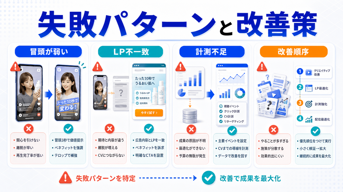 リール広告で失敗しやすいパターンと改善策を解説するimage2.0図解