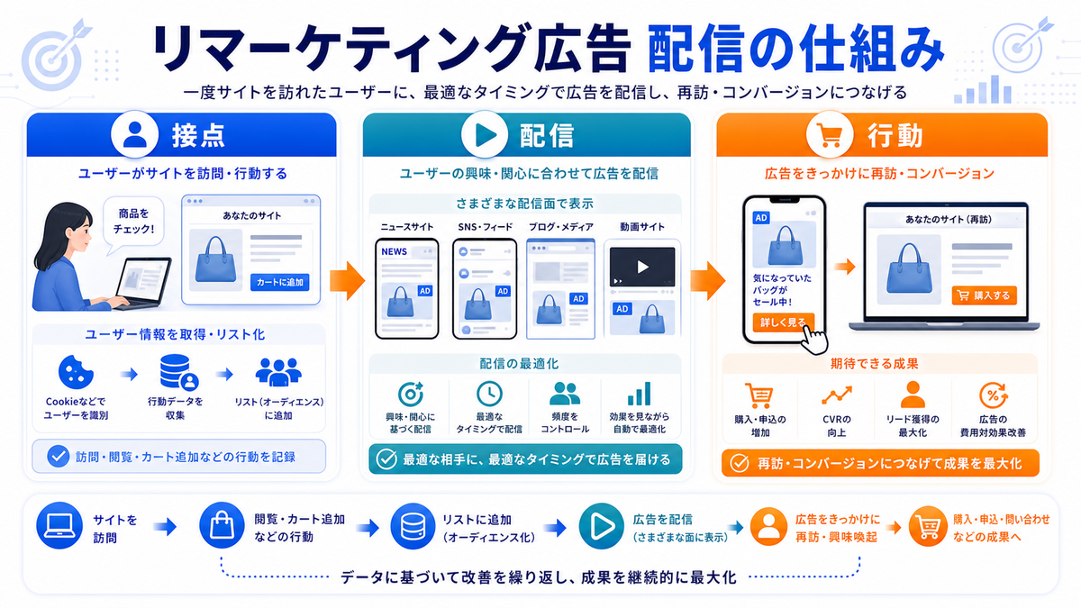 リマーケティング広告の仕組みを解説するimage2.0インフォグラフィック