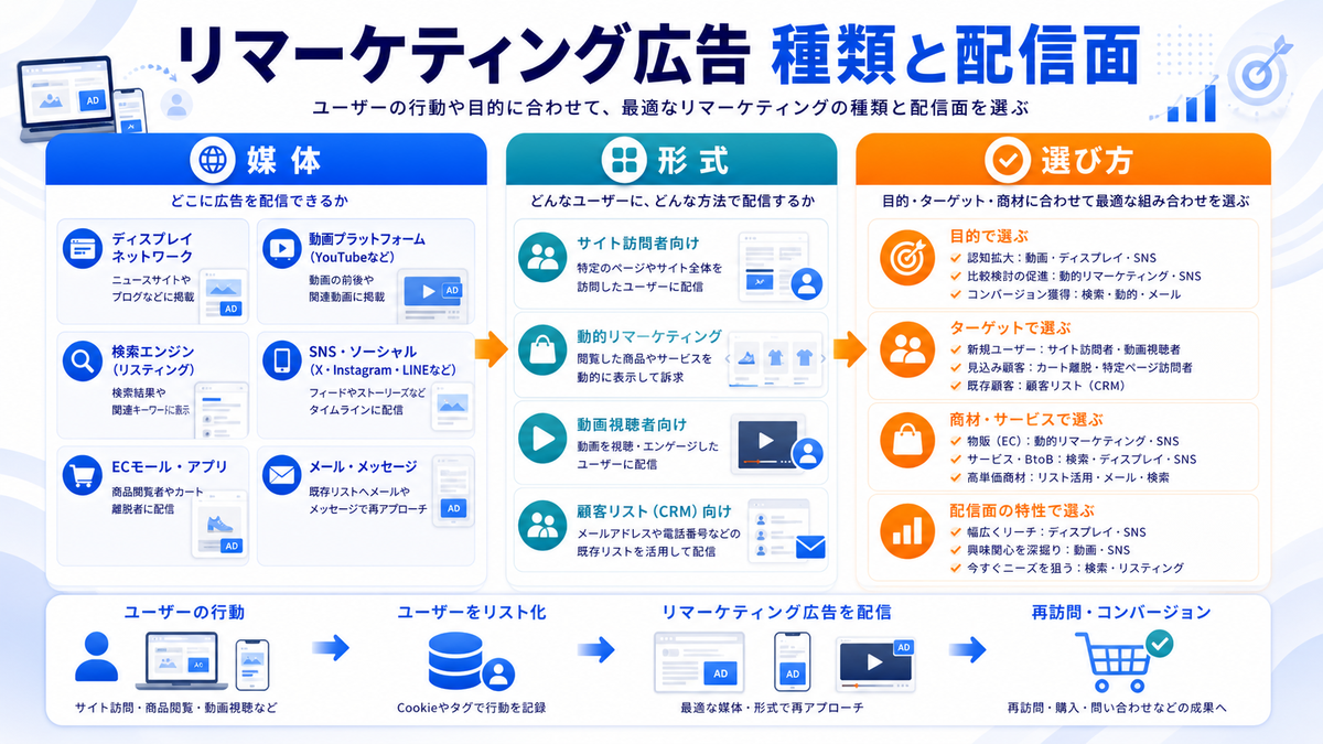 リマーケティング広告の種類・配信面を解説するimage2.0インフォグラフィック