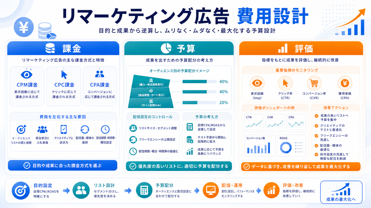 リマーケティング広告の費用・課金・予算設計を解説するimage2.0インフォグラフィック