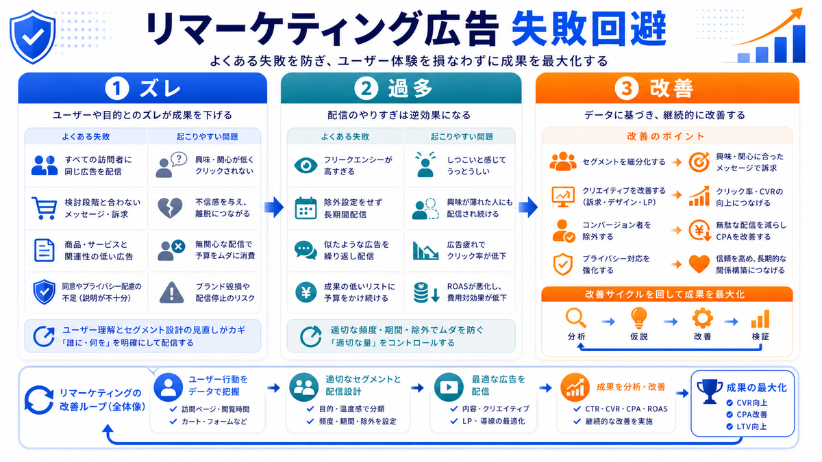 リマーケティング広告で失敗しやすいパターンを解説するimage2.0インフォグラフィック