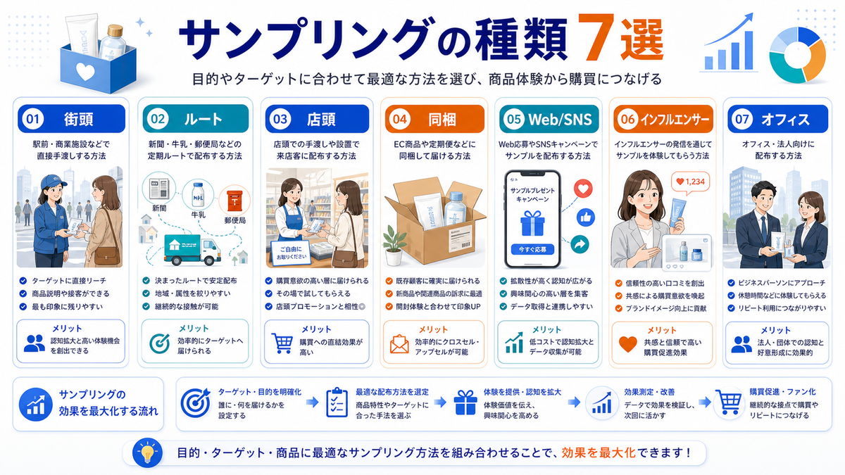 サンプリングの種類7選 オフラインとオンラインの配布方法