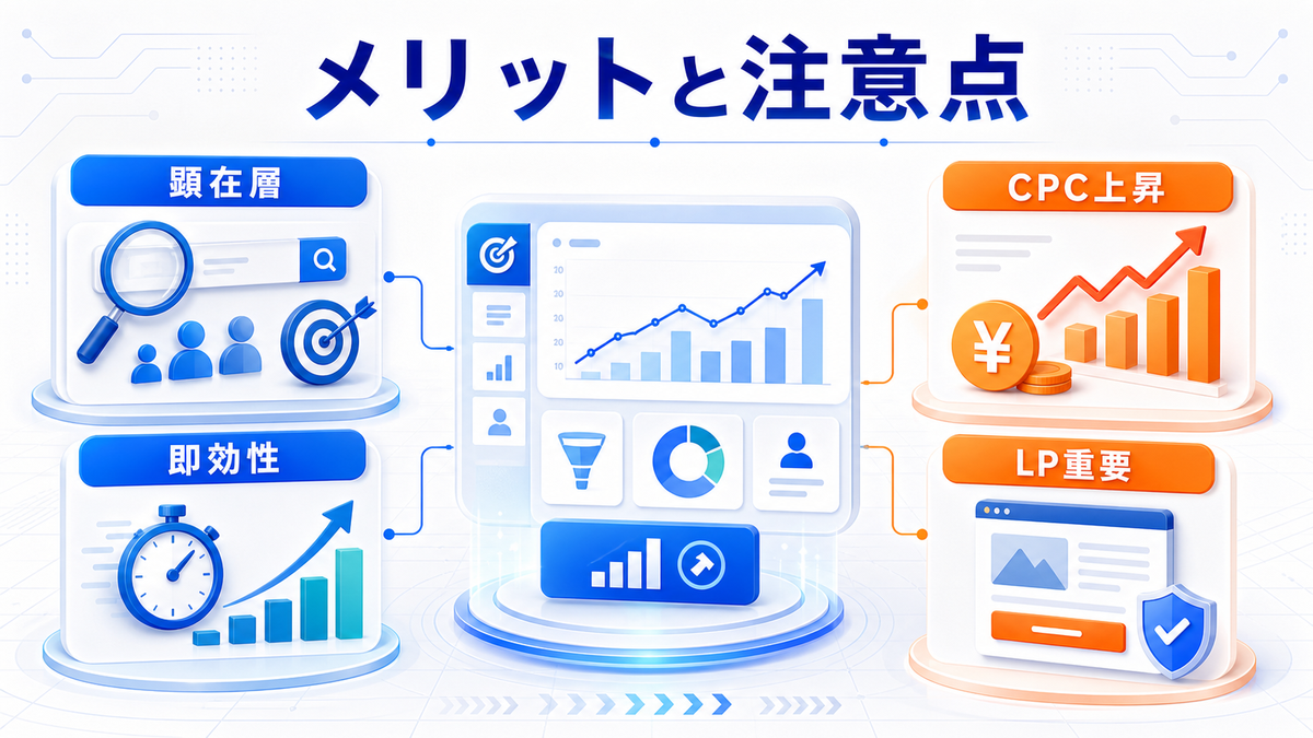 検索広告のメリットと注意点 顕在層 即効性 CPC上昇 LP重要 image2.0図解