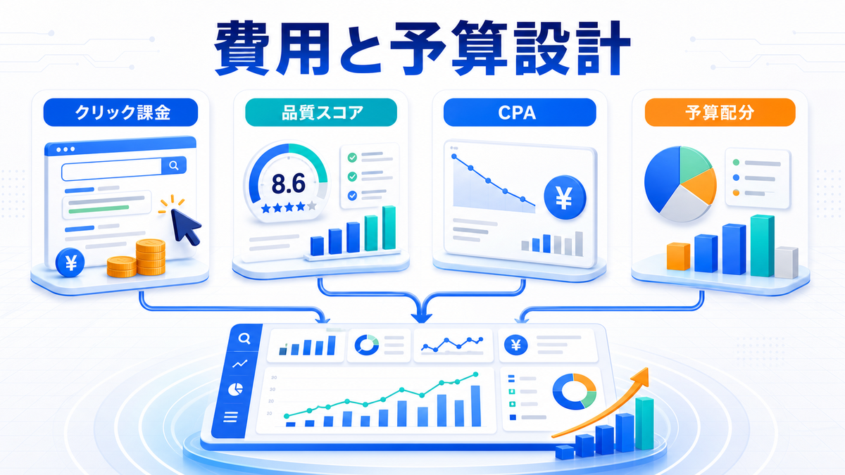 検索広告の費用と予算設計 クリック課金 品質スコア CPA 予算配分 image2.0図解