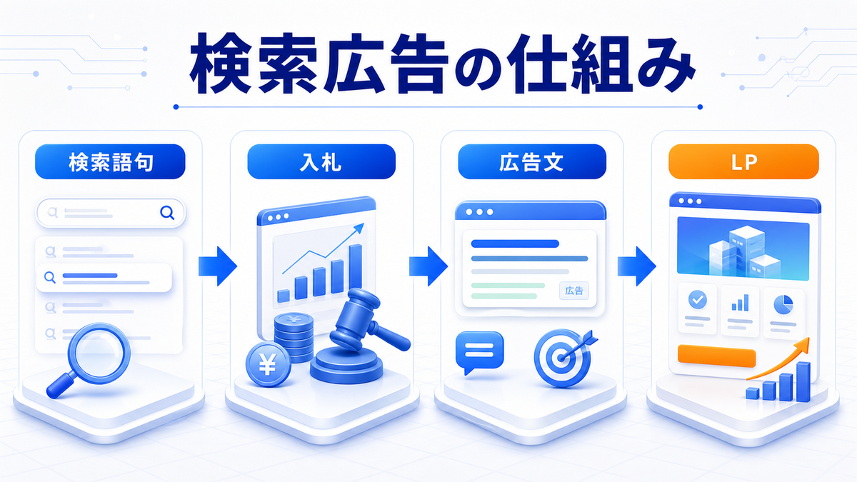 検索広告の仕組み 検索語句 入札 広告文 LP image2.0図解