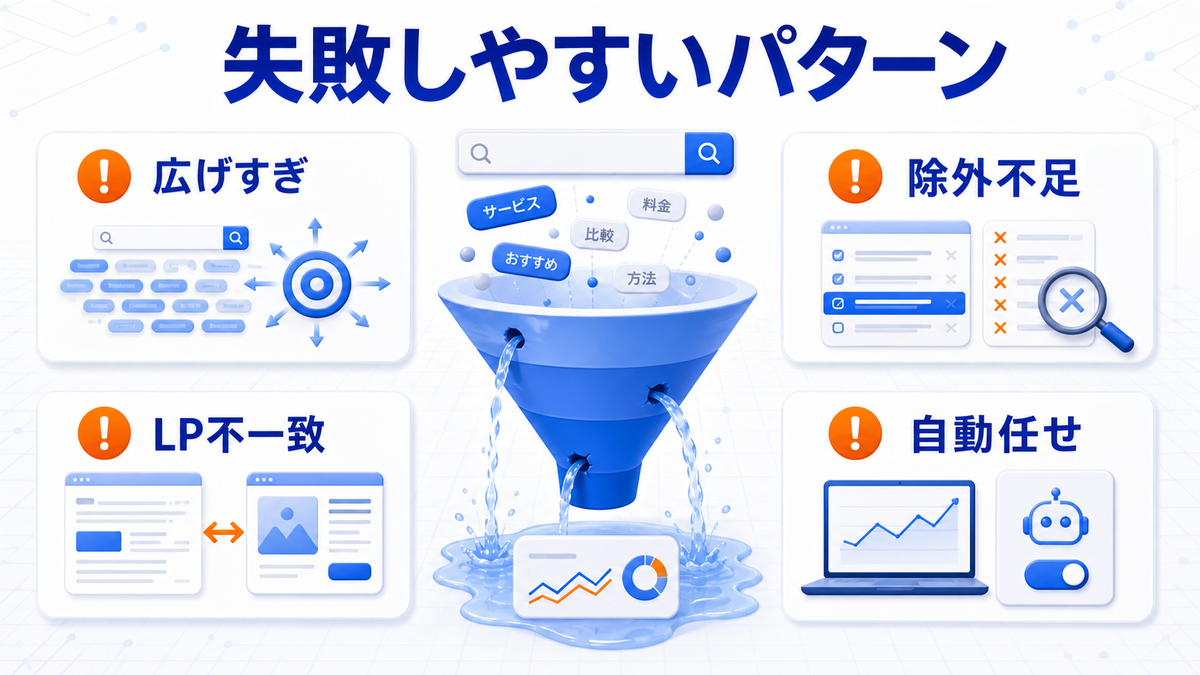 検索広告で失敗しやすいパターン 広げすぎ 除外不足 LP不一致 自動任せ image2.0図解