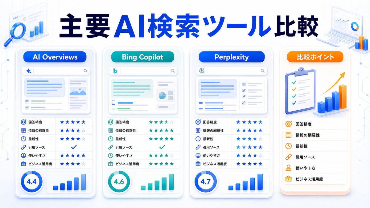 AI OverviewsとBing CopilotとPerplexityの比較ポイントを整理したImage 2.0図解