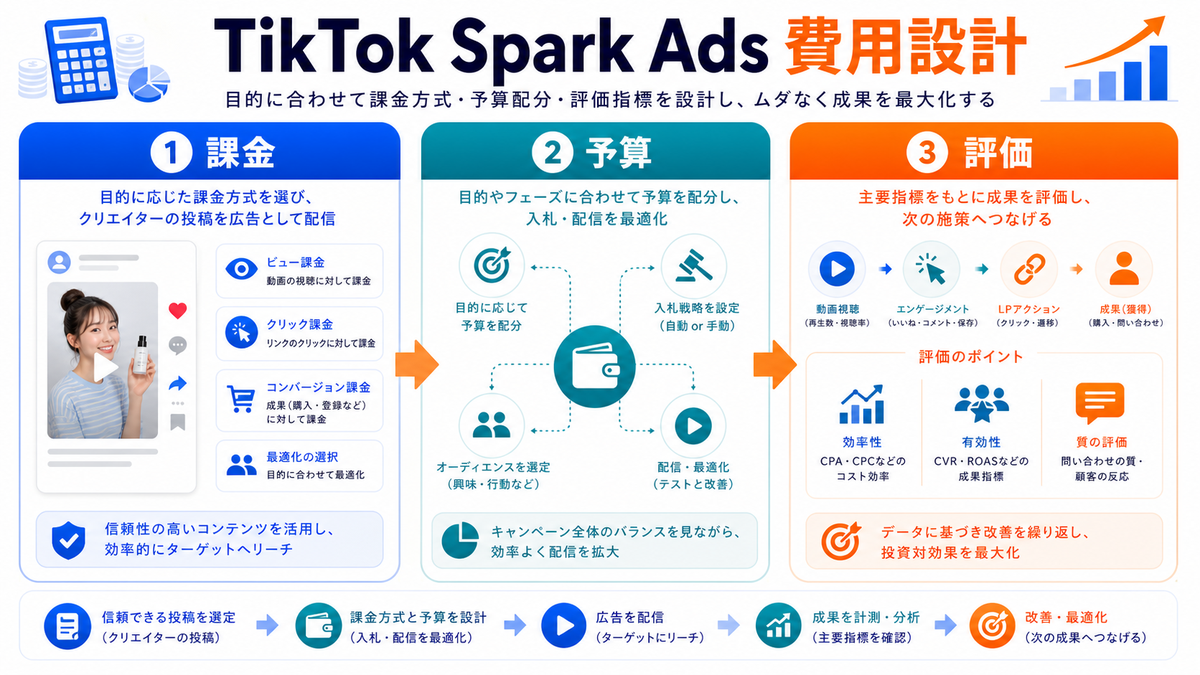 TikTok Spark Adsの費用・課金・予算設計を解説するimage2.0インフォグラフィック