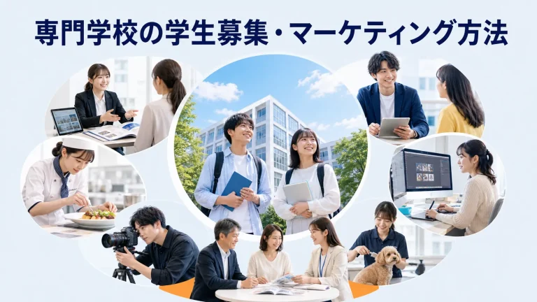 専門学校の学生募集・マーケティング方法を内容別のオリジナル構図で整理した図解