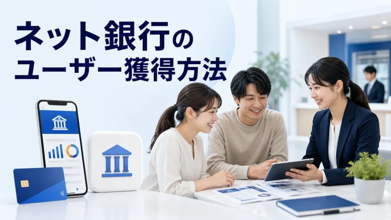ネット銀行のユーザー獲得方法を内容別のオリジナル構図で整理した図解