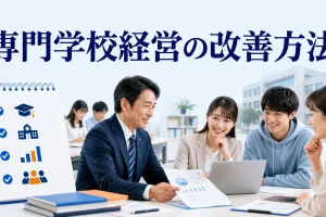 専門学校経営の改善方法を内容別のオリジナル構図で整理した図解