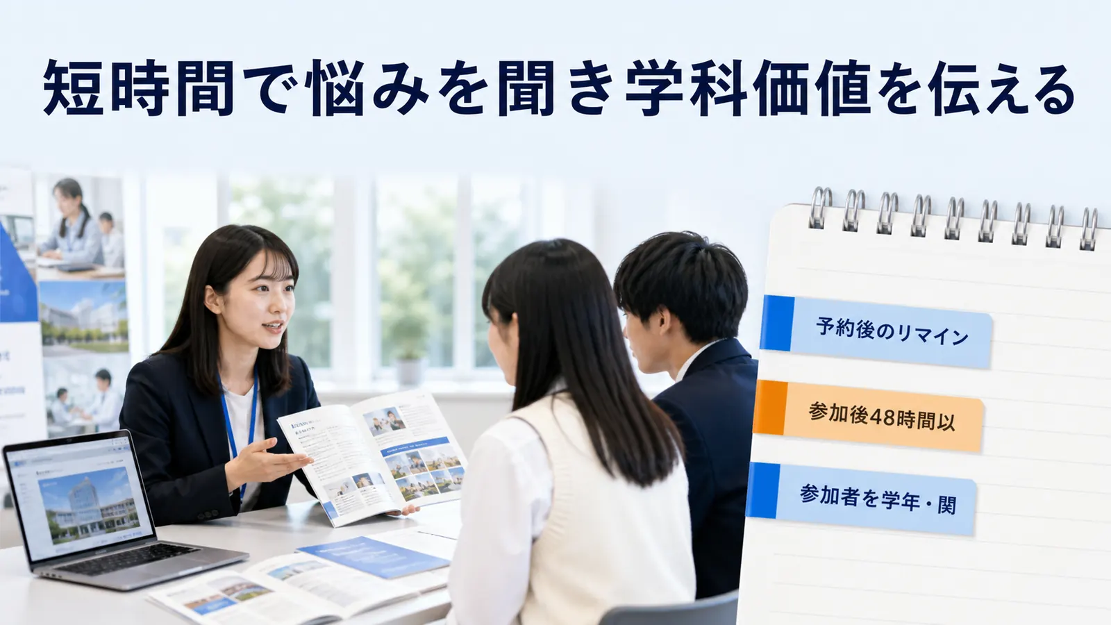 短時間で悩みを聞き学科価値を伝える