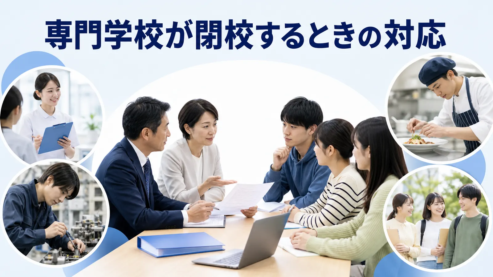 専門学校が閉校するときの対応を内容別のオリジナル構図で整理した図解
