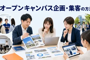 オープンキャンパス企画・集客の方法を内容別のオリジナル構図で整理した図解