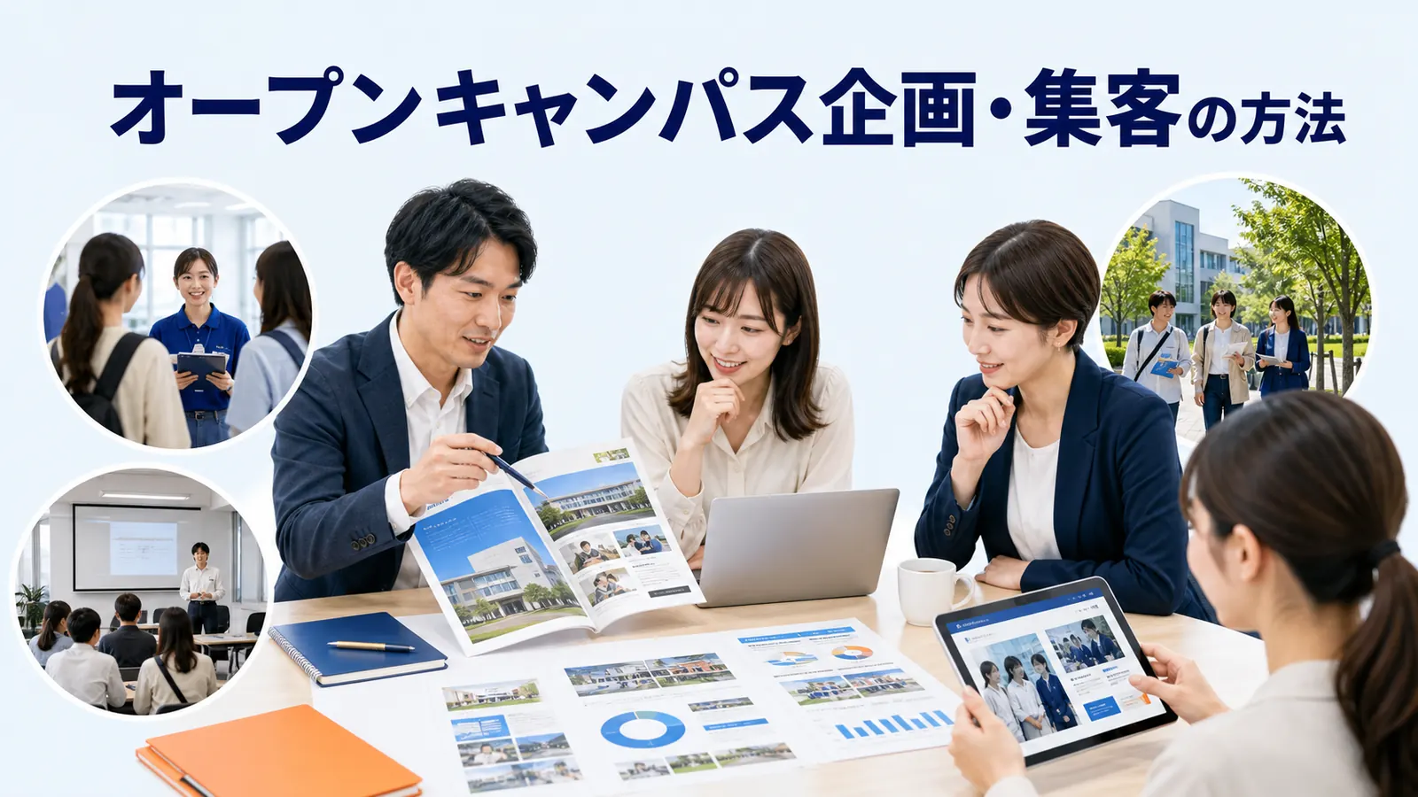 オープンキャンパス企画・集客の方法を内容別のオリジナル構図で整理した図解