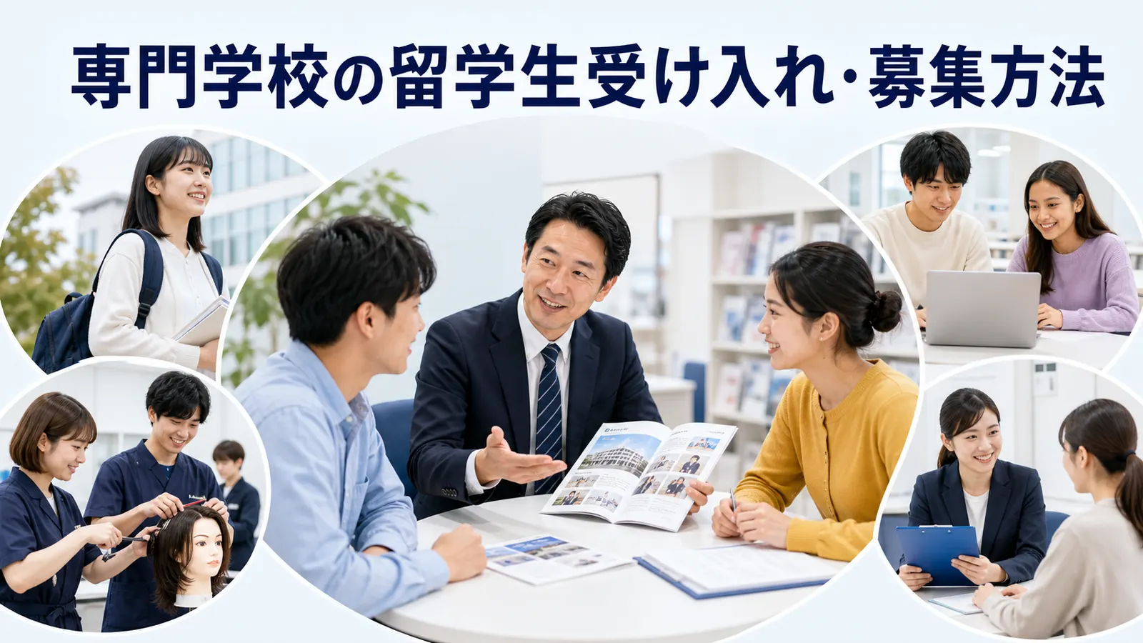 専門学校の留学生受け入れ・募集方法を内容別のオリジナル構図で整理した図解