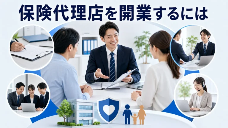 保険代理店を開業するにはを内容別のオリジナル構図で整理した図解