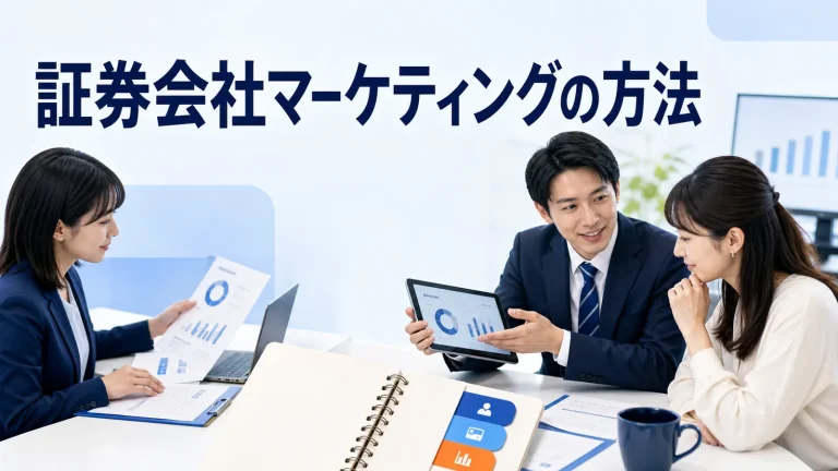 証券会社マーケティングの方法を内容別のオリジナル構図で整理した図解