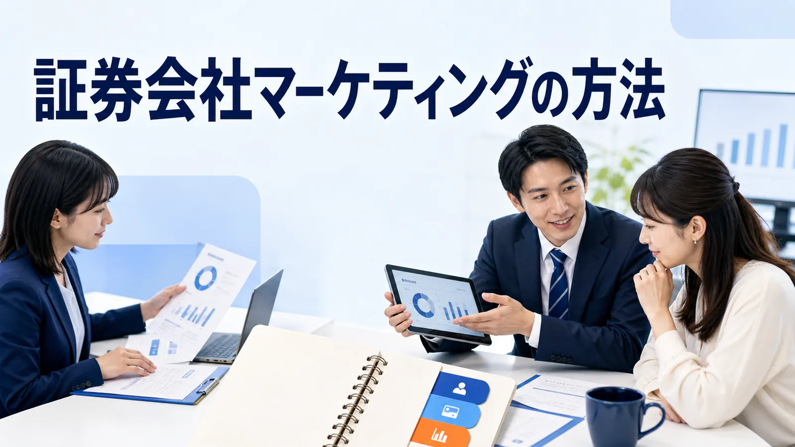 証券会社マーケティングの方法を内容別のオリジナル構図で整理した図解