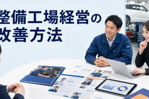 整備工場経営の改善方法を内容別のオリジナル構図で整理した図解