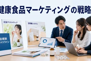 健康食品マーケティングの戦略を内容別のオリジナル構図で整理した図解