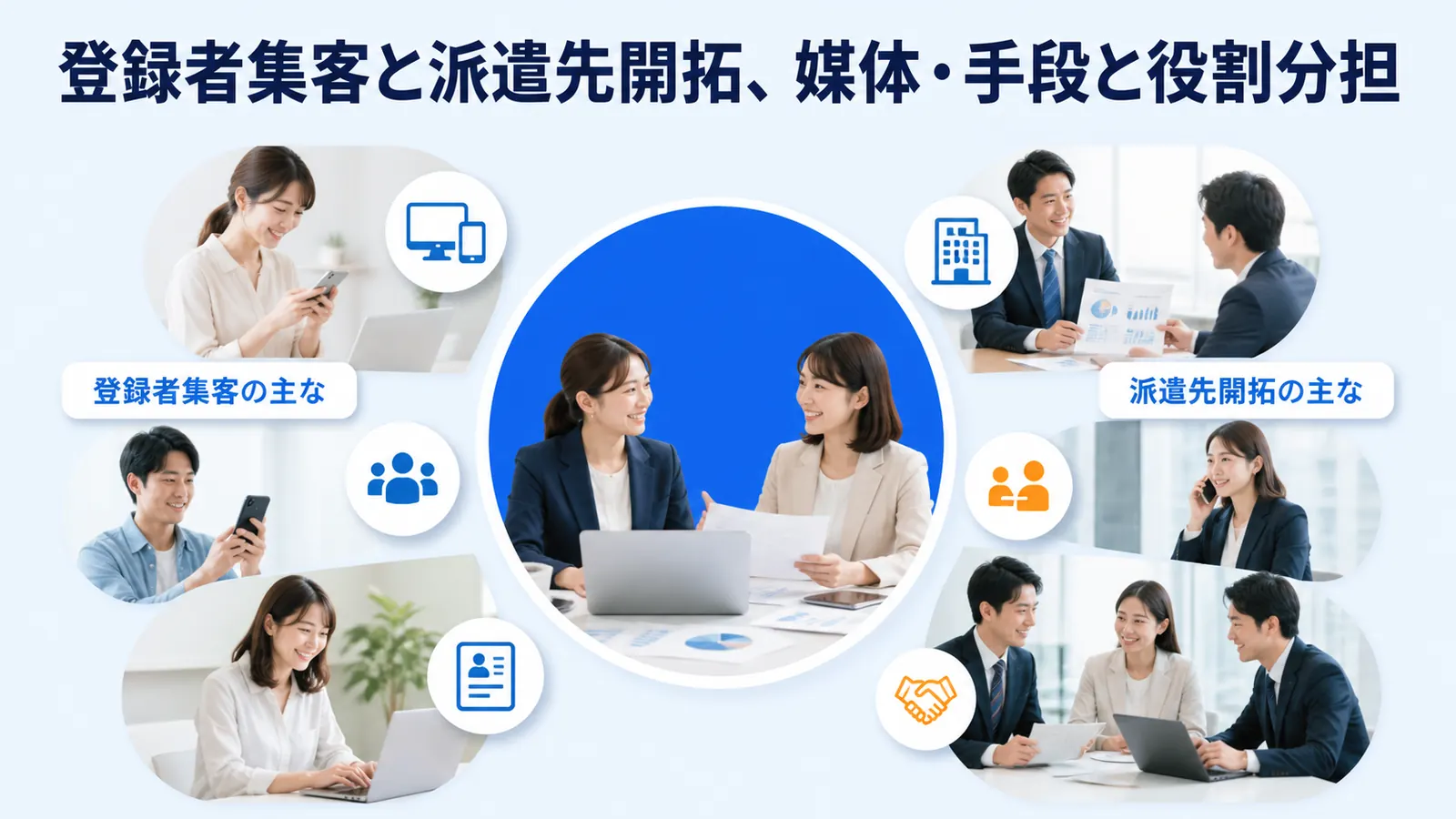 登録者集客と派遣先開拓、媒体・手段と役割分担