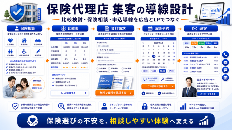 保険代理店 集客の方法|相談・申込につながる広告・LP・追客導線を解説 Image 2.0 図解