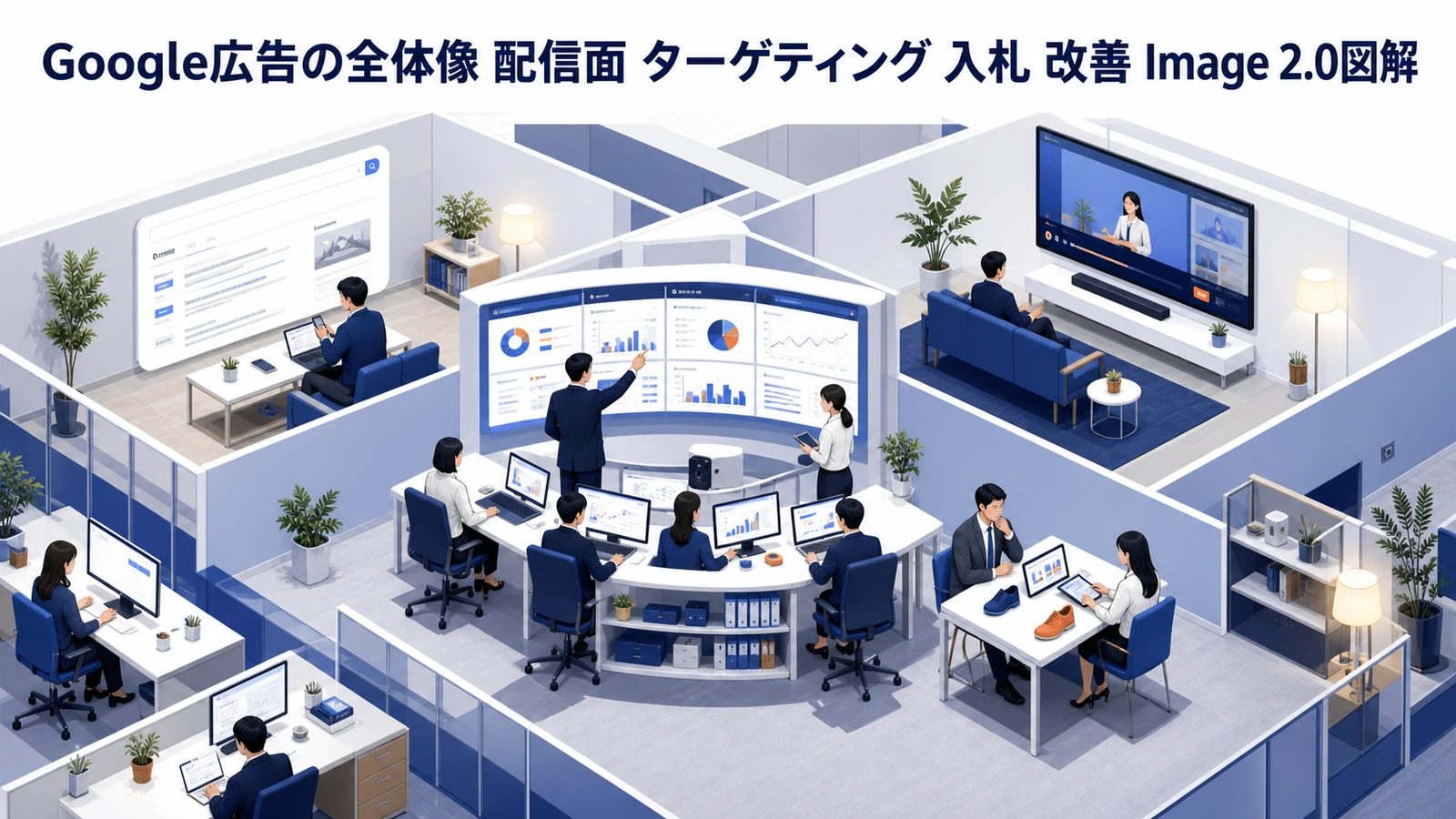 Google広告の全体像 配信面 ターゲティング 入札 改善 Image 2.0図解