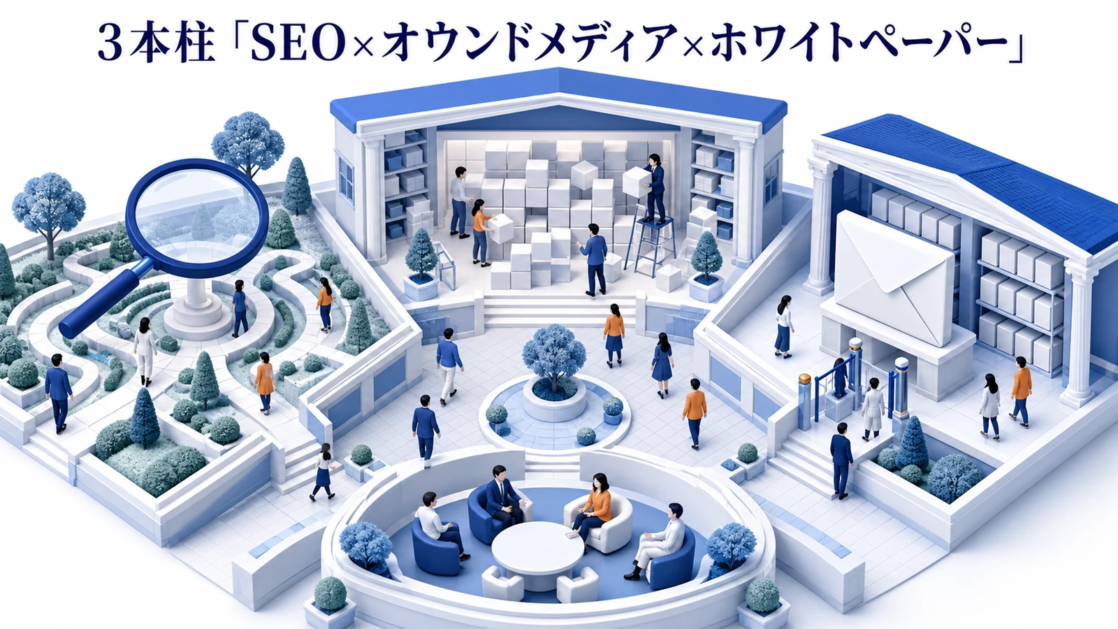 SEO・オウンドメディア・ホワイトペーパーの3本柱を整理したImage 2.0図解