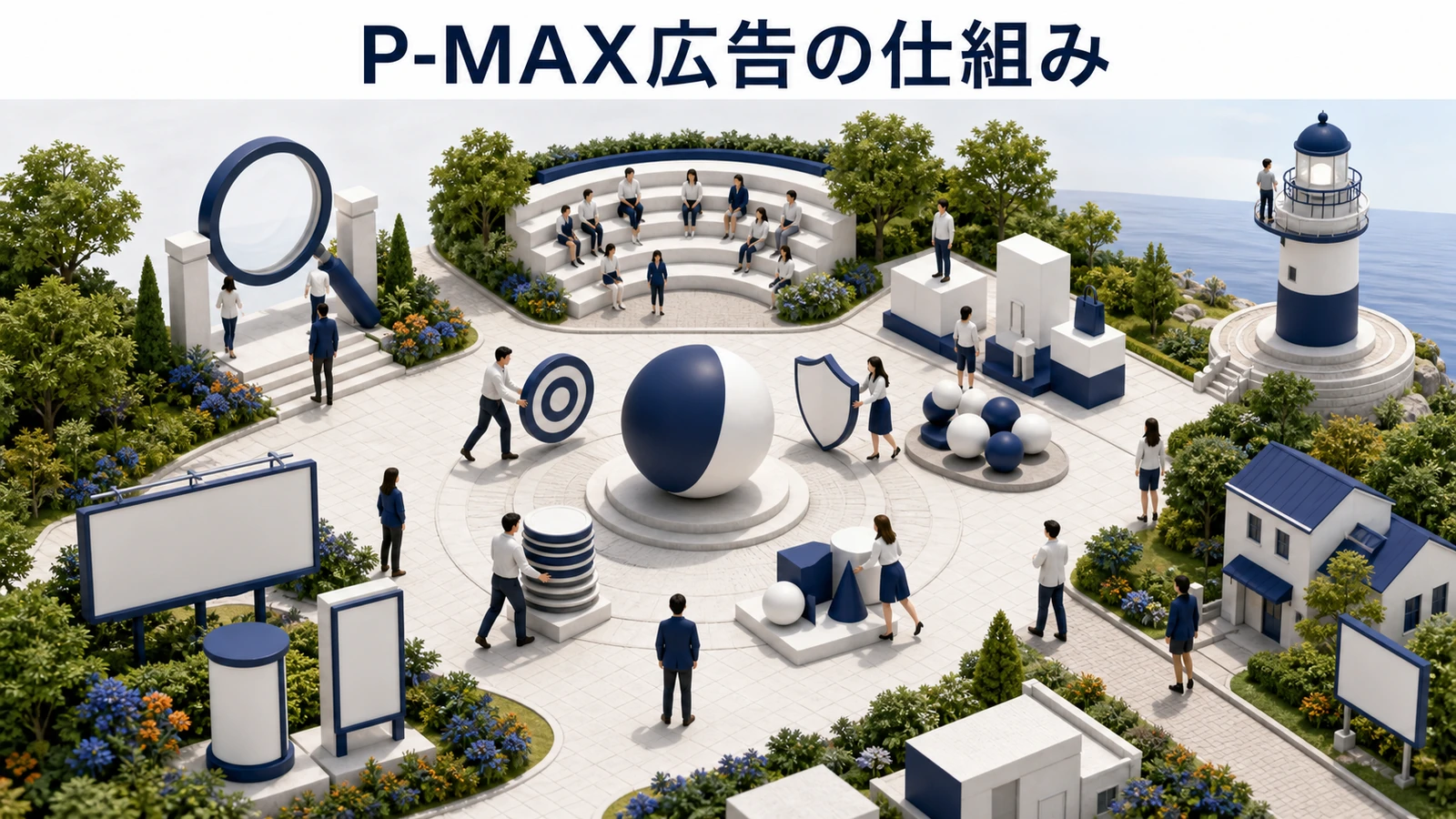 P-MAX広告の仕組み 目標設定 アセット登録 AI配信最適化 成果学習