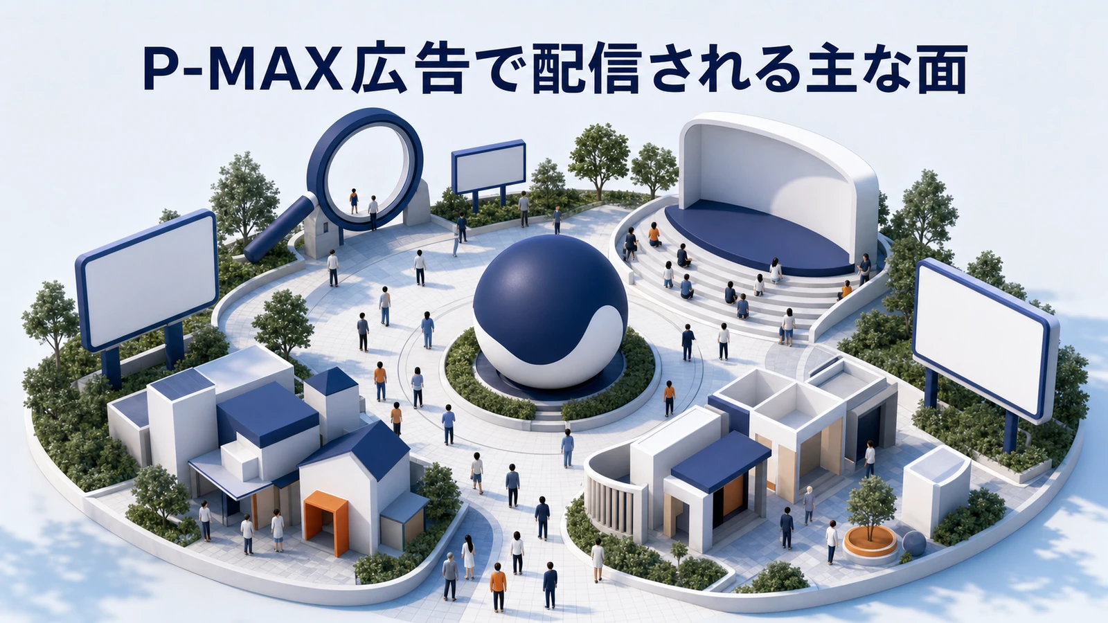 P-MAX広告の配信面 検索 YouTube ディスプレイ Discover Gmail マップ