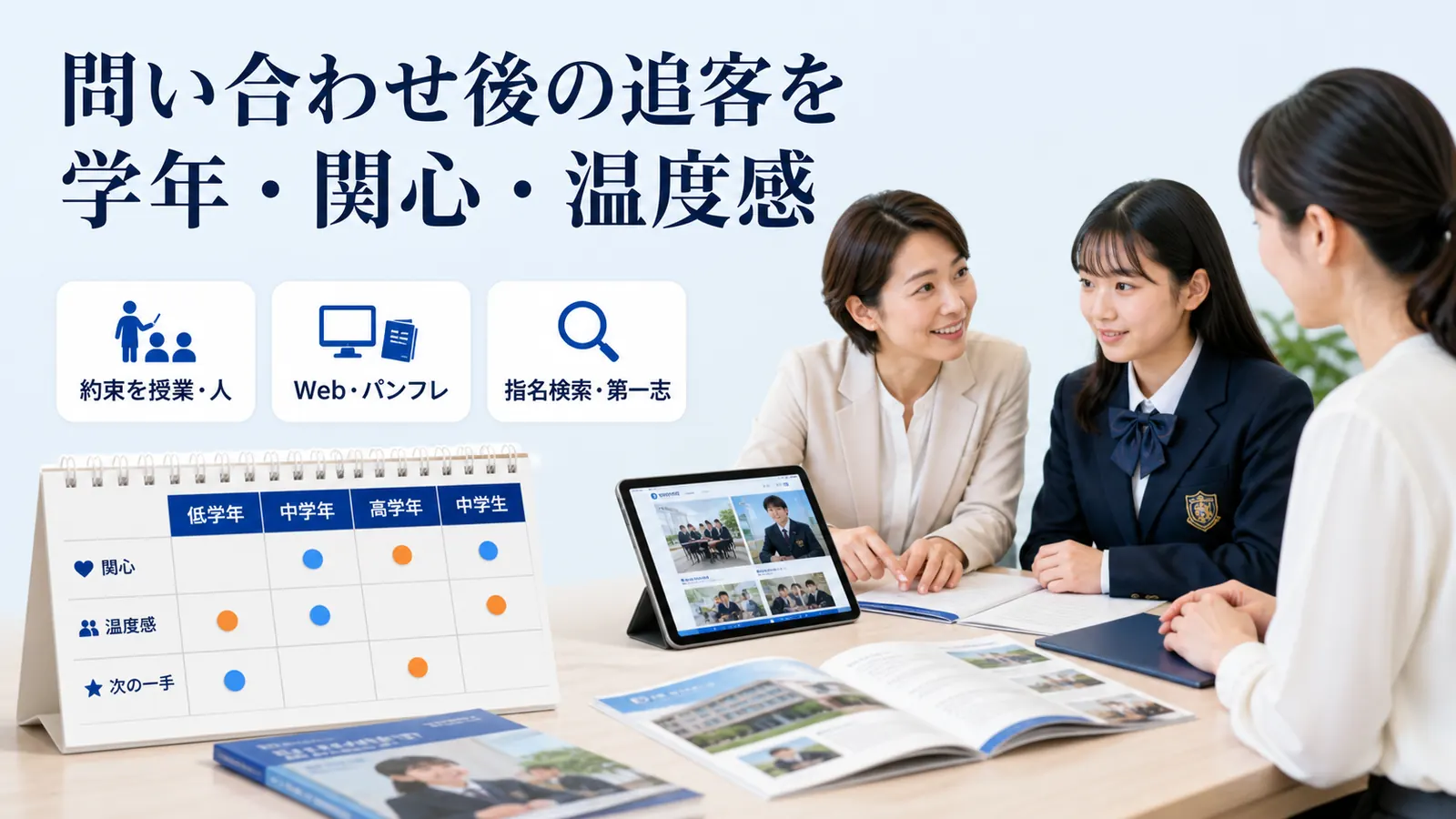 問い合わせ後の追客を学年・関心・温度感
