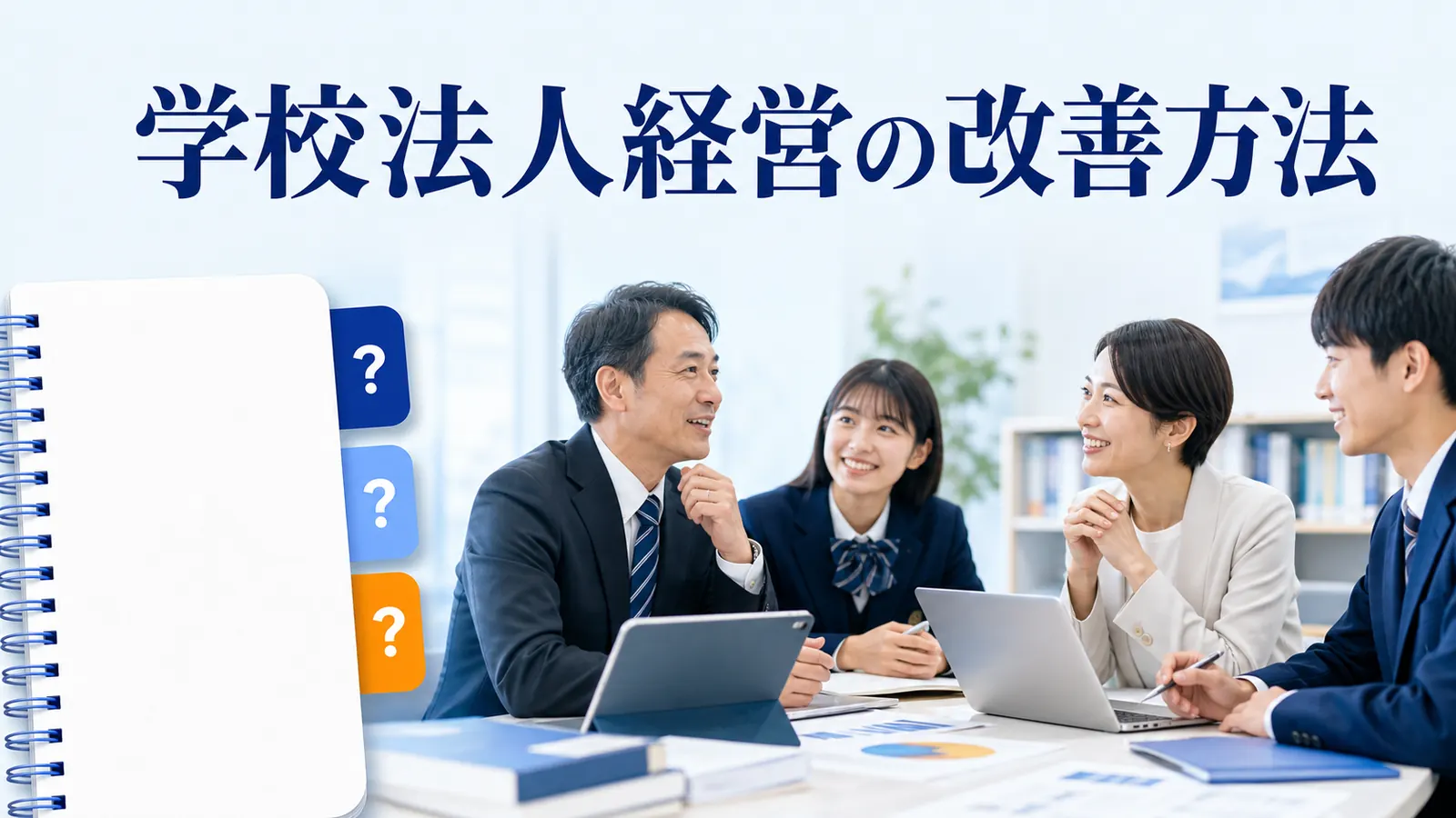 学校法人経営の改善方法を内容別のオリジナル構図で整理した解説画像