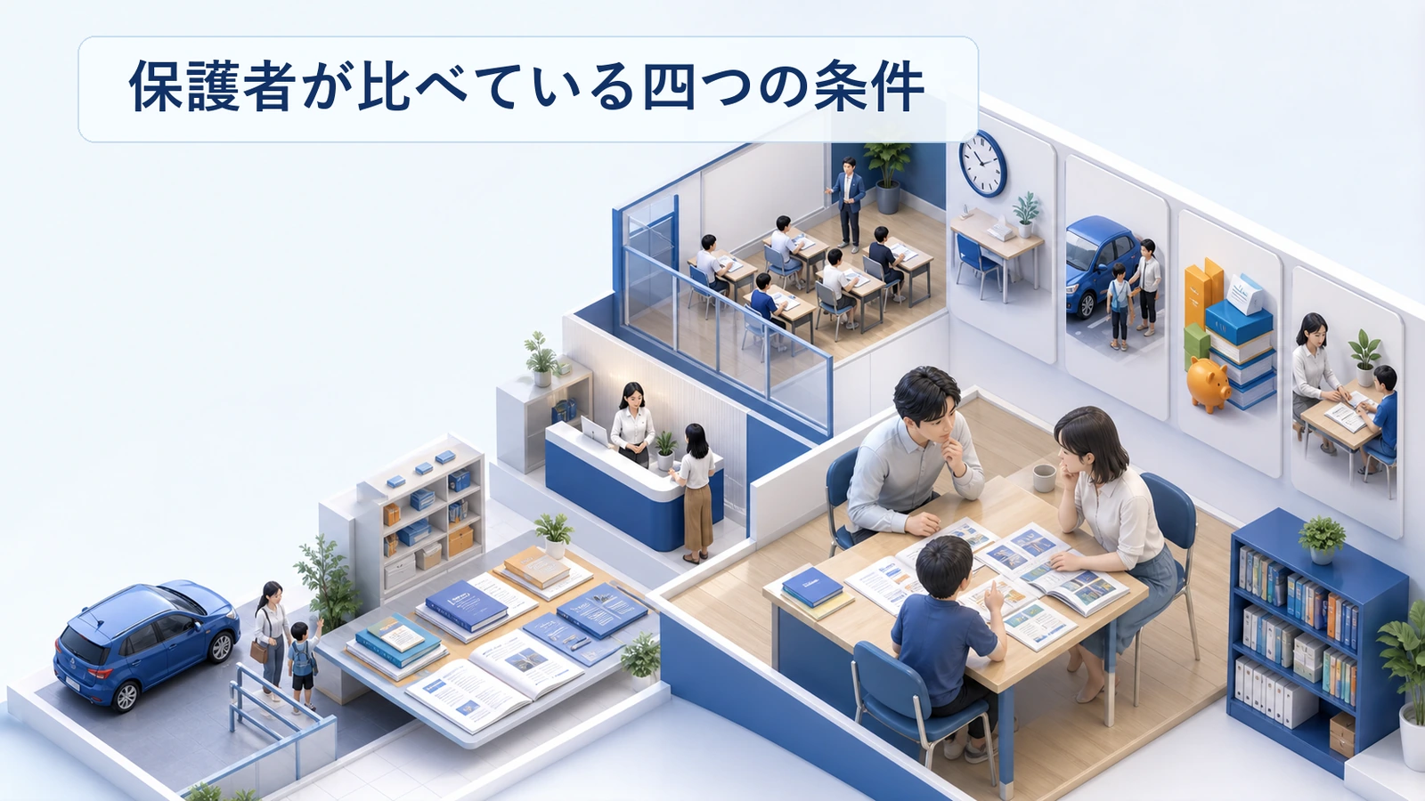 保護者が習い事教室を比べている四つの条件を整理した図解