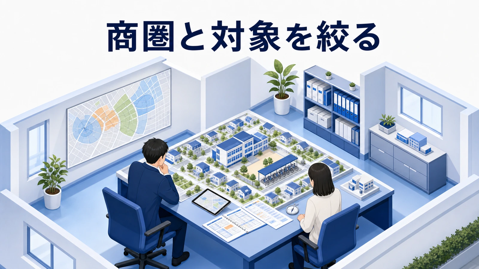塾の商圏と対象の絞り方が集客手段の選択を決める構造の図解