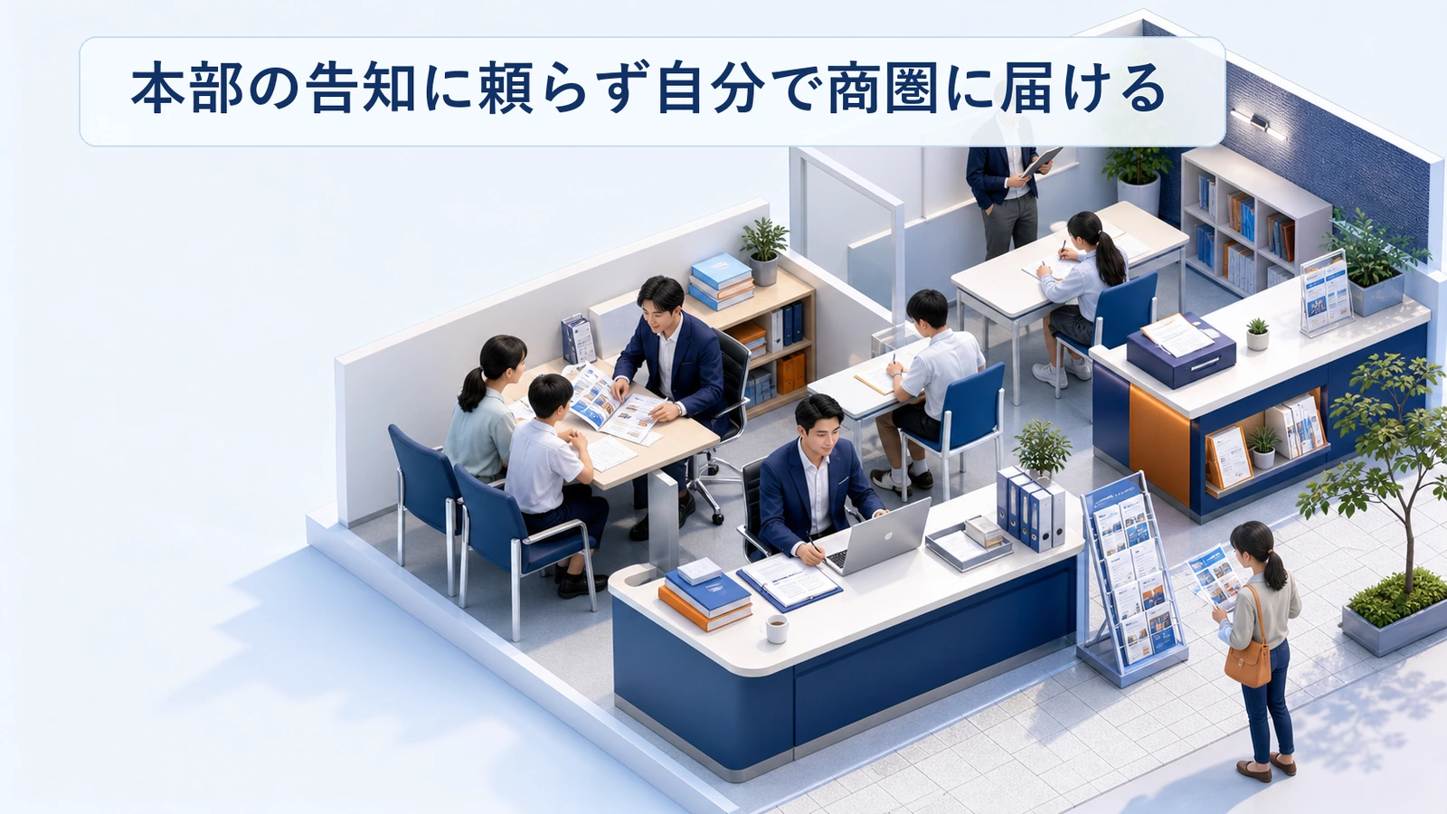 塾フランチャイズの加盟店が自分で商圏に届ける導線を示した図解