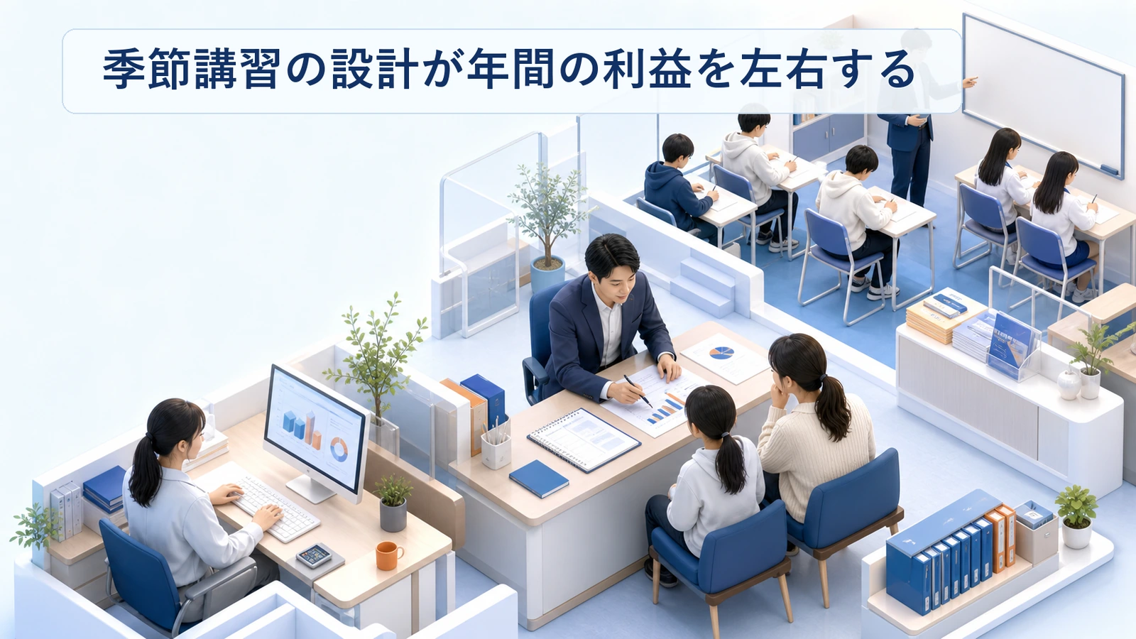 塾の季節講習の設計が年間利益に与える影響を示した図解