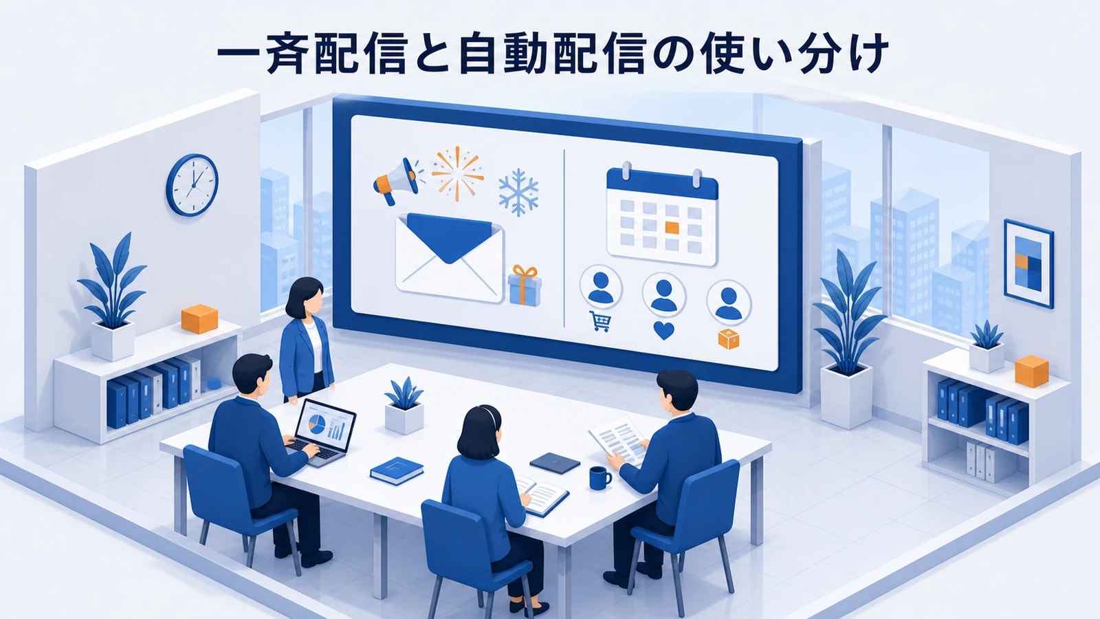 一斉配信と自動配信を目的・起点・内容・計測で使い分ける図解