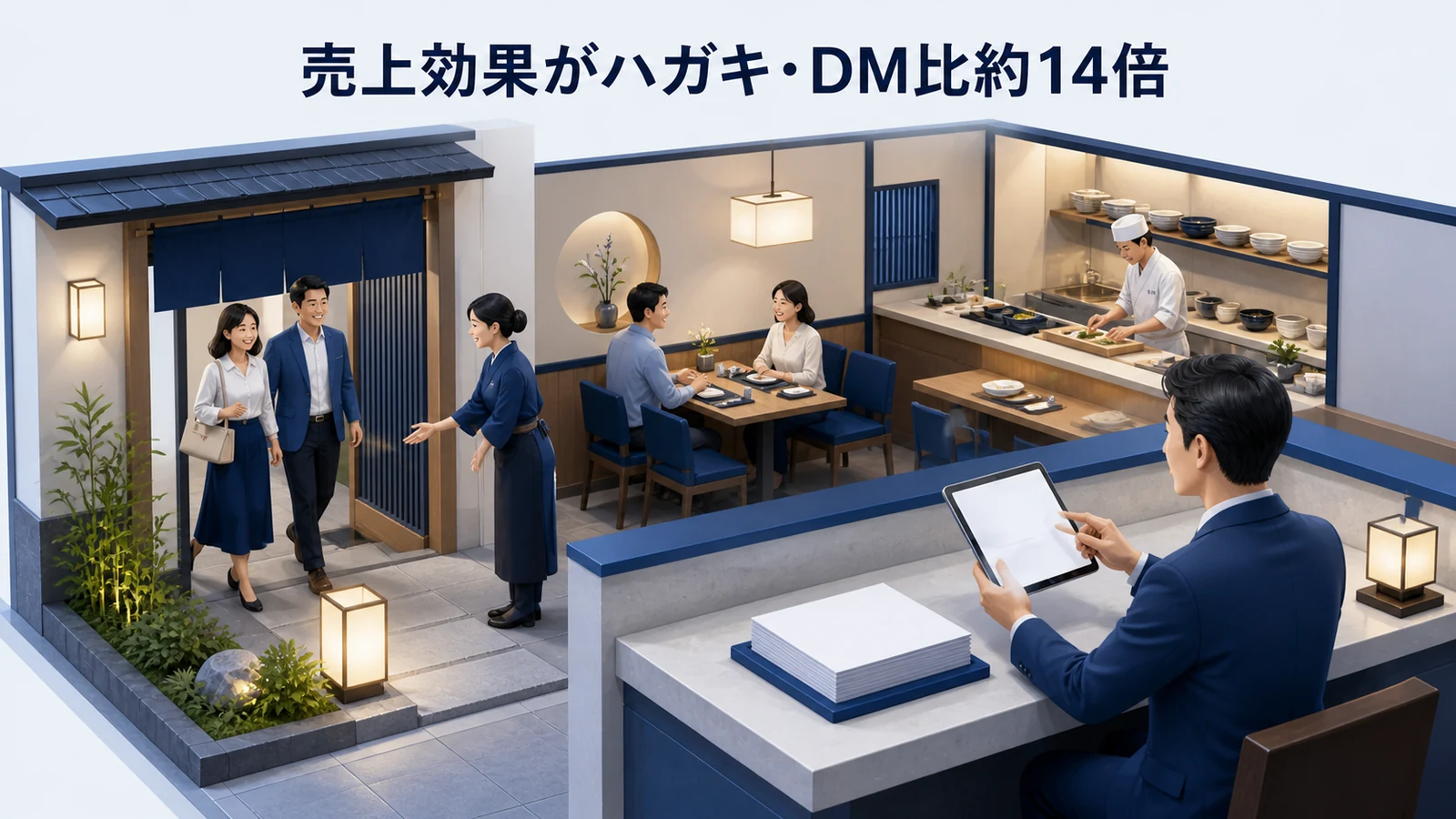 和食店のメッセージ配信による売上効果がハガキDM比約14倍になったイメージ