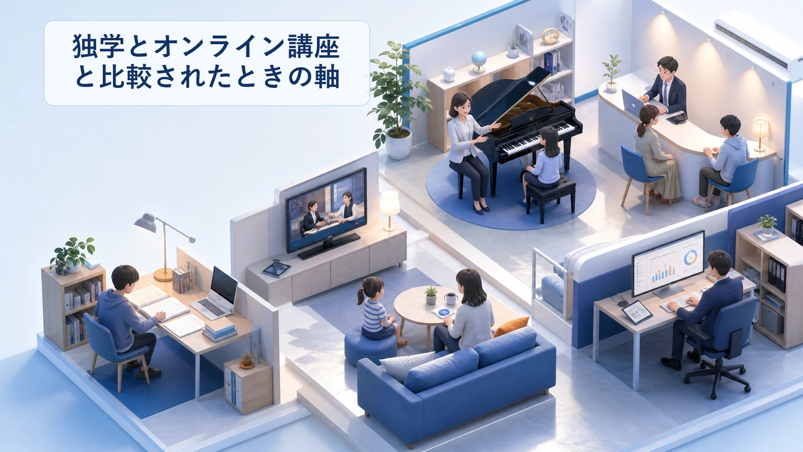 スクールが独学とオンライン講座と比較されたときの軸を整理した図解