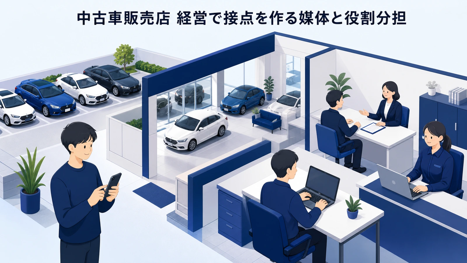 中古車販売店 経営で接点を作る媒体と役割分担