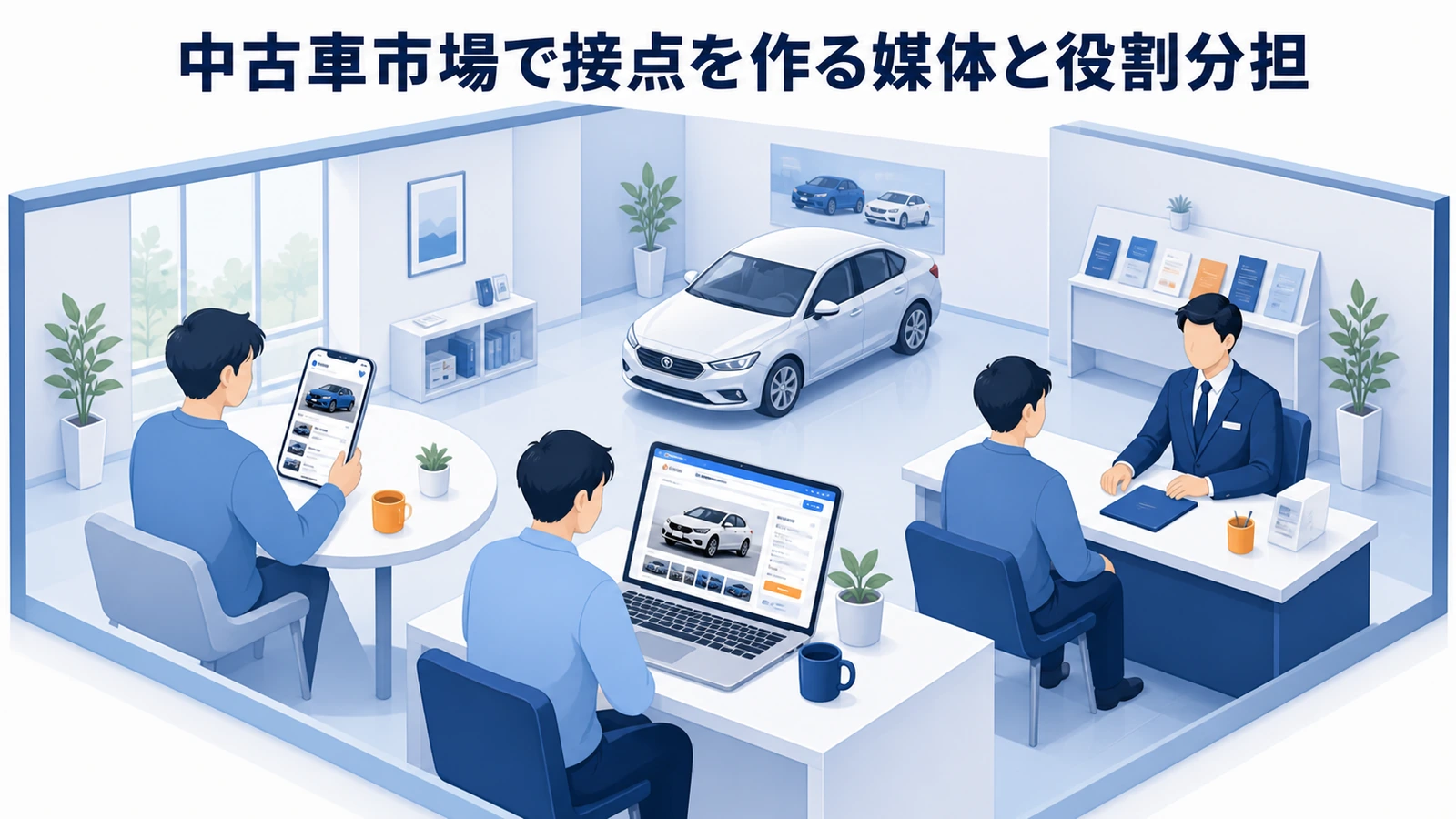 中古車市場で接点を作る媒体と役割分担