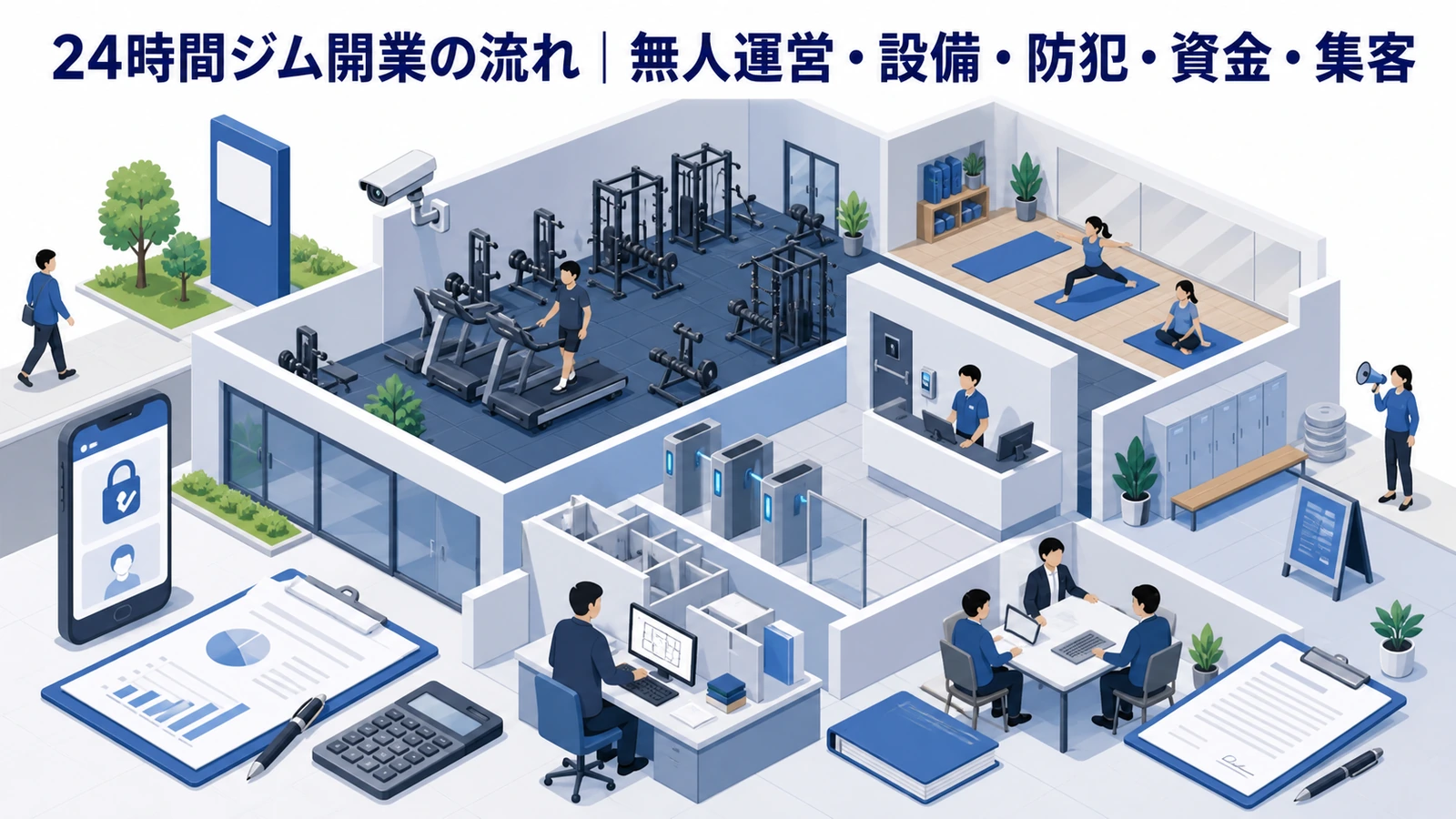24時間ジム開業の流れ｜無人運営・設備・防犯・資金・集客