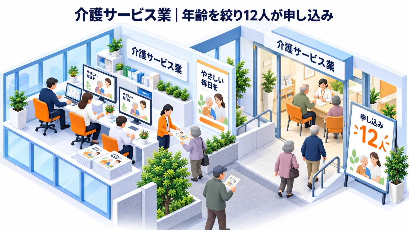 介護サービス業｜年齢を絞り12人が申し込みのチラシ集客成功事例