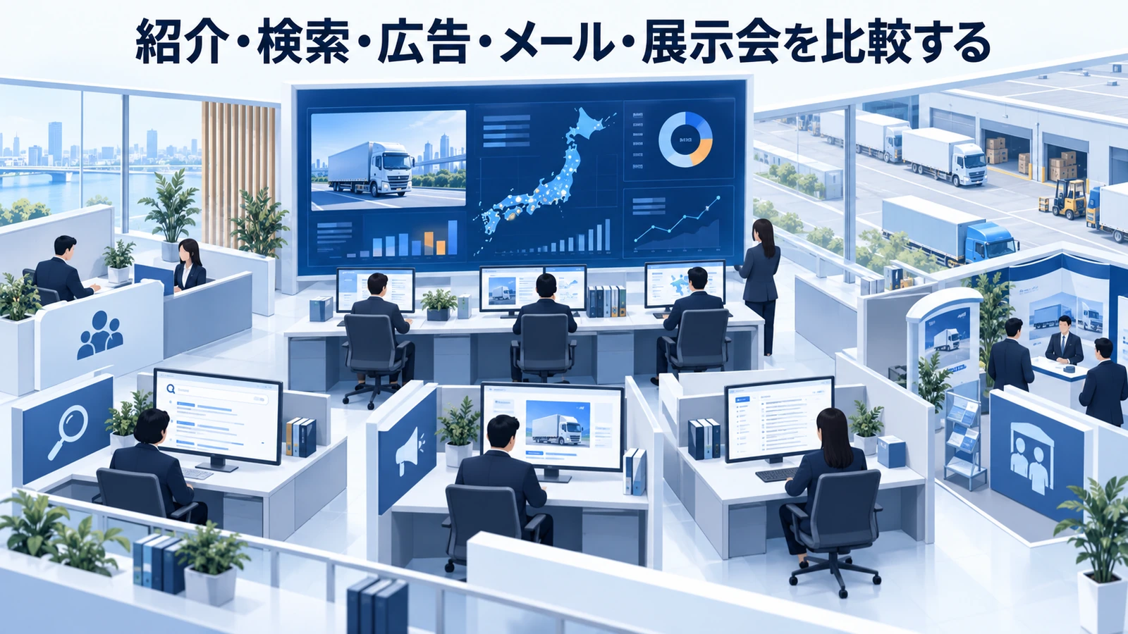 「紹介・検索・広告・メール・展示会を比較する」の要点を整理したImage 2.0図解