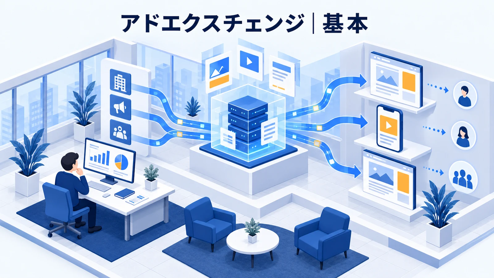 アドエクスチェンジとは?現在の役割を解説する青白のアイソメトリック図